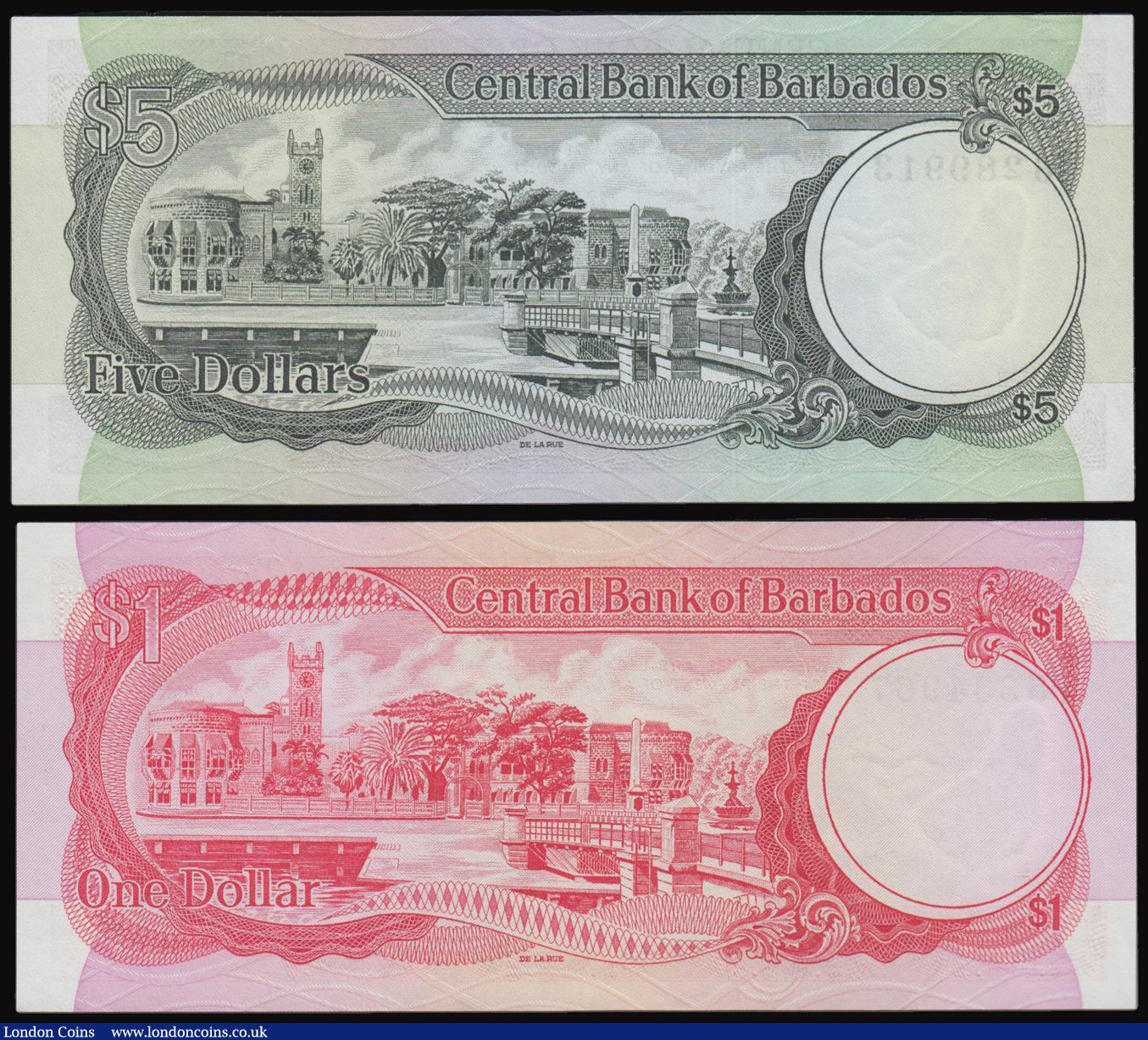 London Coins : A177 : Lot 82 : Barbados (2) Five Dollars 1975 issue, portrait of Sir Frank Worrell, Pick 32a, serial number G6 2899...