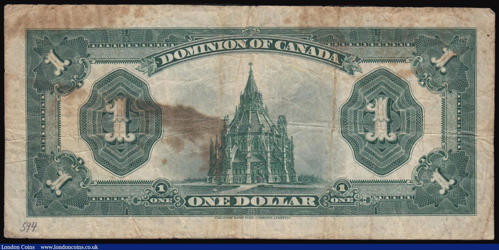 London Coins : A177 : Lot 86 : Canada - Dominion of Canada One Dollar 1923 issue, Black seal at right, signature Hyndman-Saunders P...