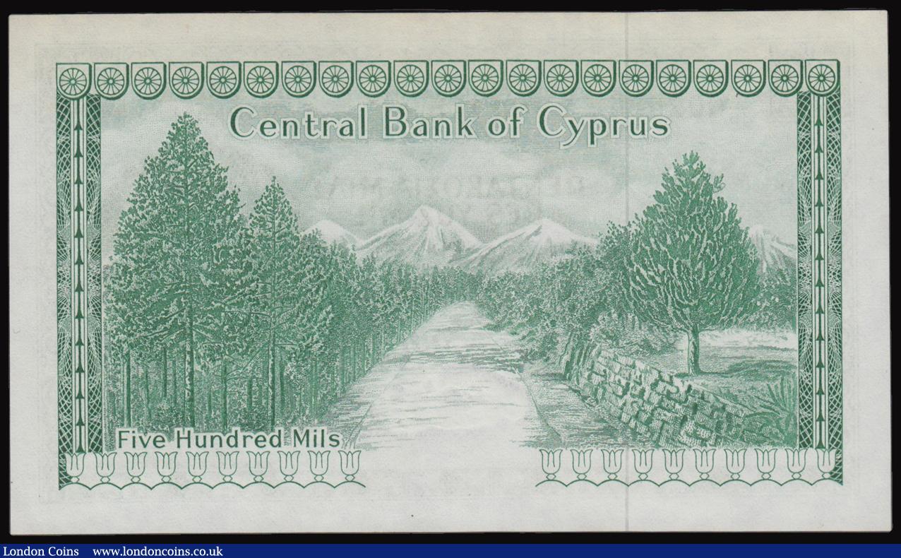 London Coins : A177 : Lot 94 : Cyprus 500 Mils 1975 issue Pick 42b, serial number J/36  002526 UNC or near so, pressed