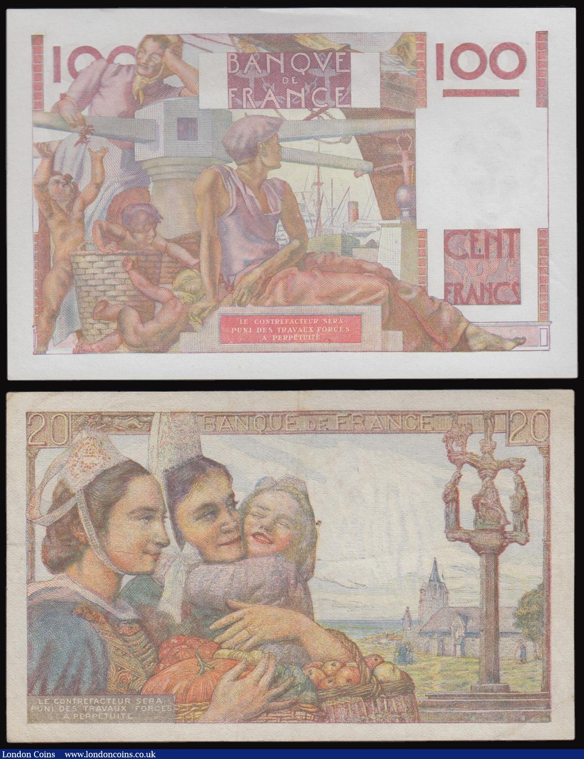London Coins : A177 : Lot 98 : France (2) 100 Francs 1946 issue, signatures P. Rousseau and R. Favre-Gilly Pick 128a, serial number...
