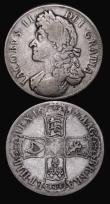 London Coins : A177 : Lot 1468 : Crowns (2) 1687 ESC 78, Bull 743 About Fine, 1696 OCTAVO First Bust ESC 89, Bull 995 VG/NVG