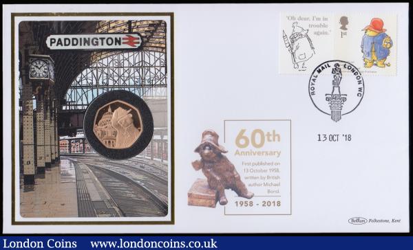 Numismatic Cover 2019 Paddington 60th Anniversary comprising Fifty Pence 2019 Paddington at St. Paul's Gold Proof S.H76 FDC and First Class Paddington Stamp on the commemorative envelope as issued, with Harrington & Byrne certificate, only 30 covers issued.  : English Cased : Auction 178 : Lot 313