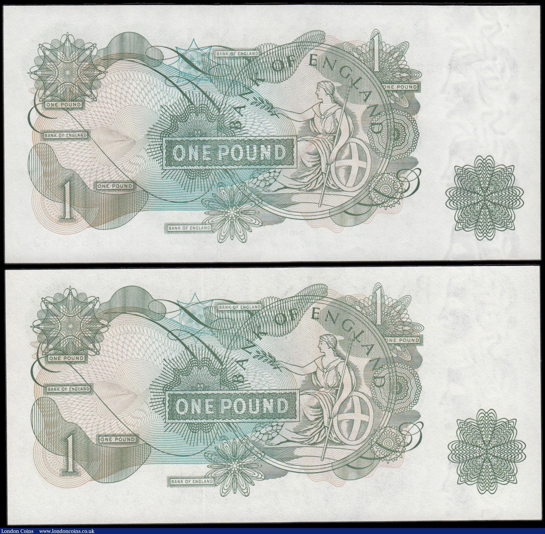 London Coins : A178 : Lot 10 : One Pound Page B323, scarce first and last run REPLACEMENT notes MW01 433460 UNC & MW19 829932, ...