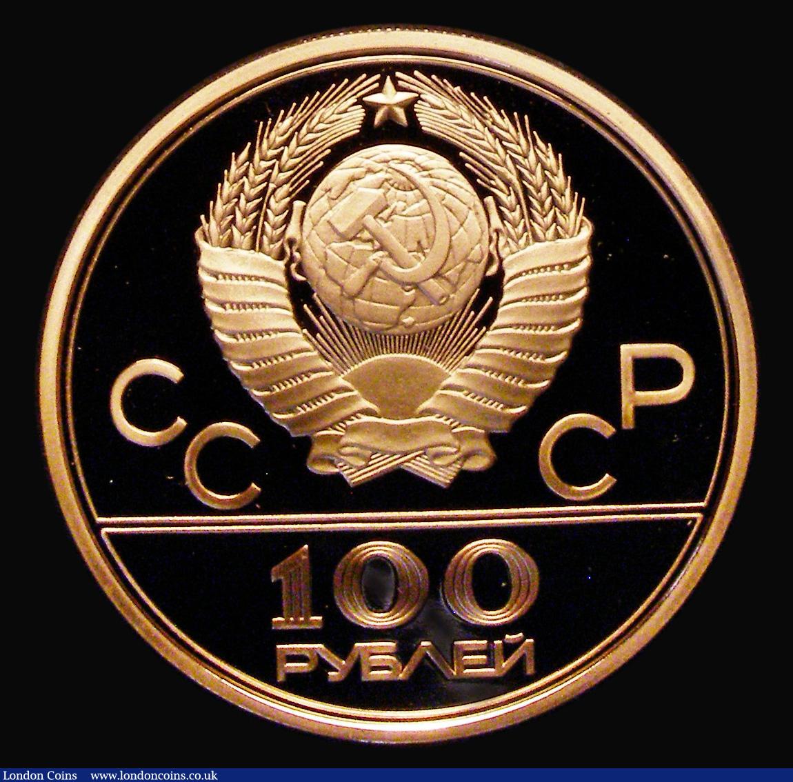 London Coins : A178 : Lot 1155 : Russia 100 Roubles Gold 1977 Moscow 1980 Olympic Logo, Moscow Mint, Y#A163 Gold Proof FDC in capsule...