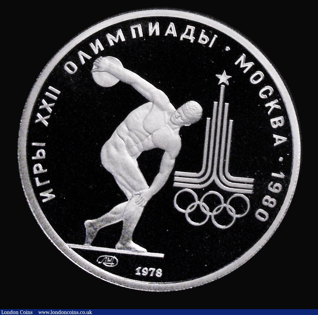 London Coins : A178 : Lot 1162 : Russia 150 Roubles 1978 Discus Thrower, 1980 Moscow Olympics issue, Platinum Proof Y#163 FDC in caps...