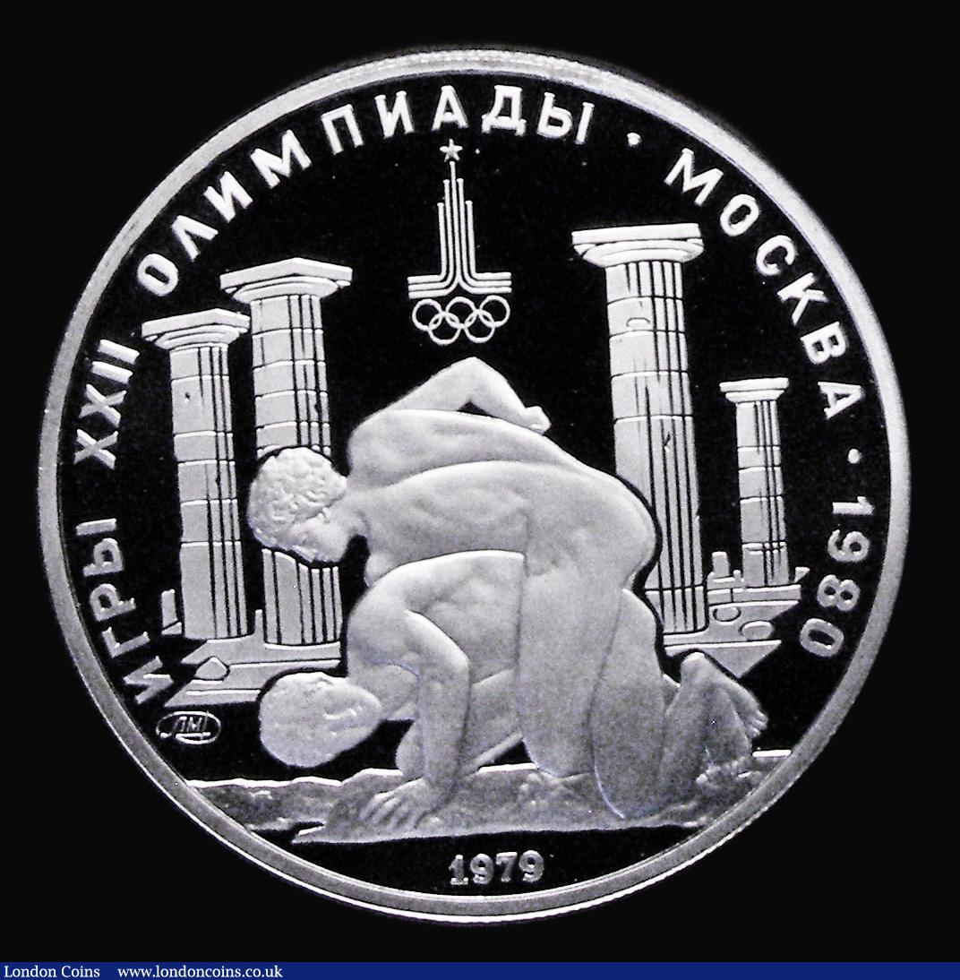 London Coins : A178 : Lot 1163 : Russia 150 Roubles 1979 Greek Wrestlers, 1980 Moscow Olympics issue, Platinum Proof Y#175 FDC in cap...