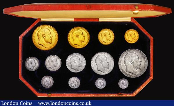 Proof Set 1902 Long Matt Proof Set (13 coins) Five Pounds, Two Pounds, Sovereign, Half Sovereign, Crown, Halfcrown, Florin, Shilling, Sixpence and Maundy Set, nFDC to FDC with an attractive deep matching tone, mostly choice in the Royal Mint red box as issued : English Coins : Auction 178 : Lot 1232
