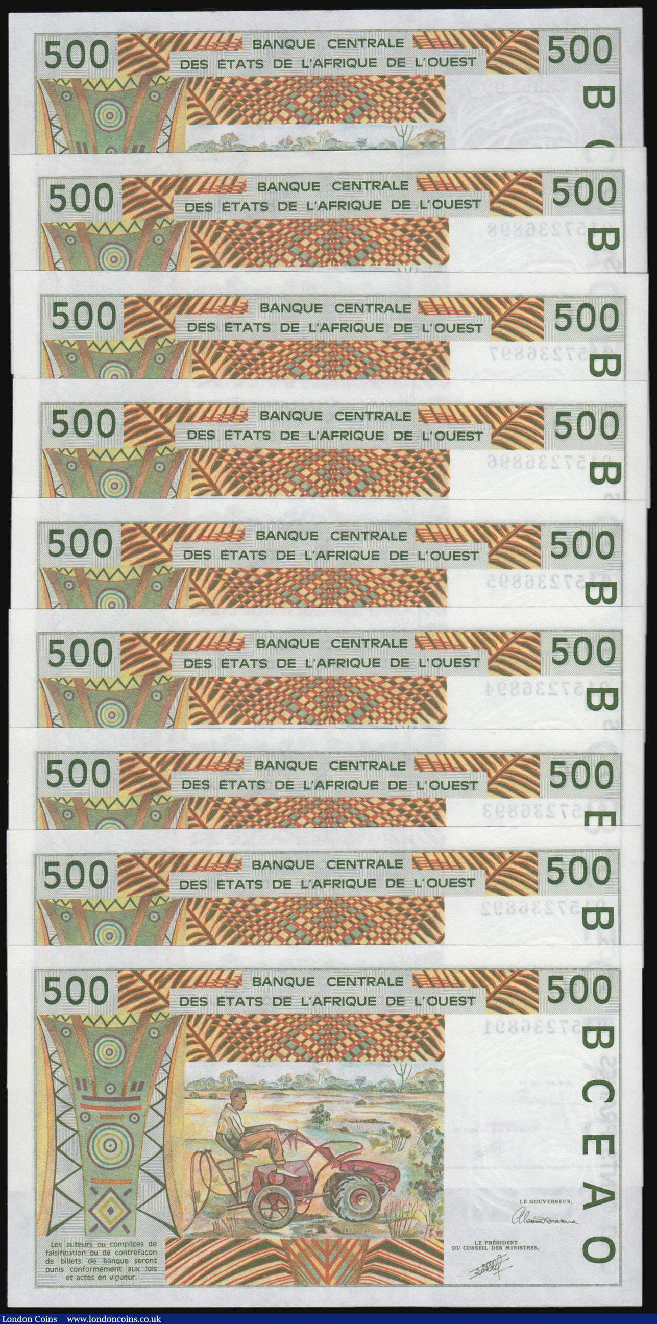 London Coins : A178 : Lot 130 : West African States - Senegal 500 Francs 1991 issues (9), 8 are consecutive numbers, Series K, 91572...