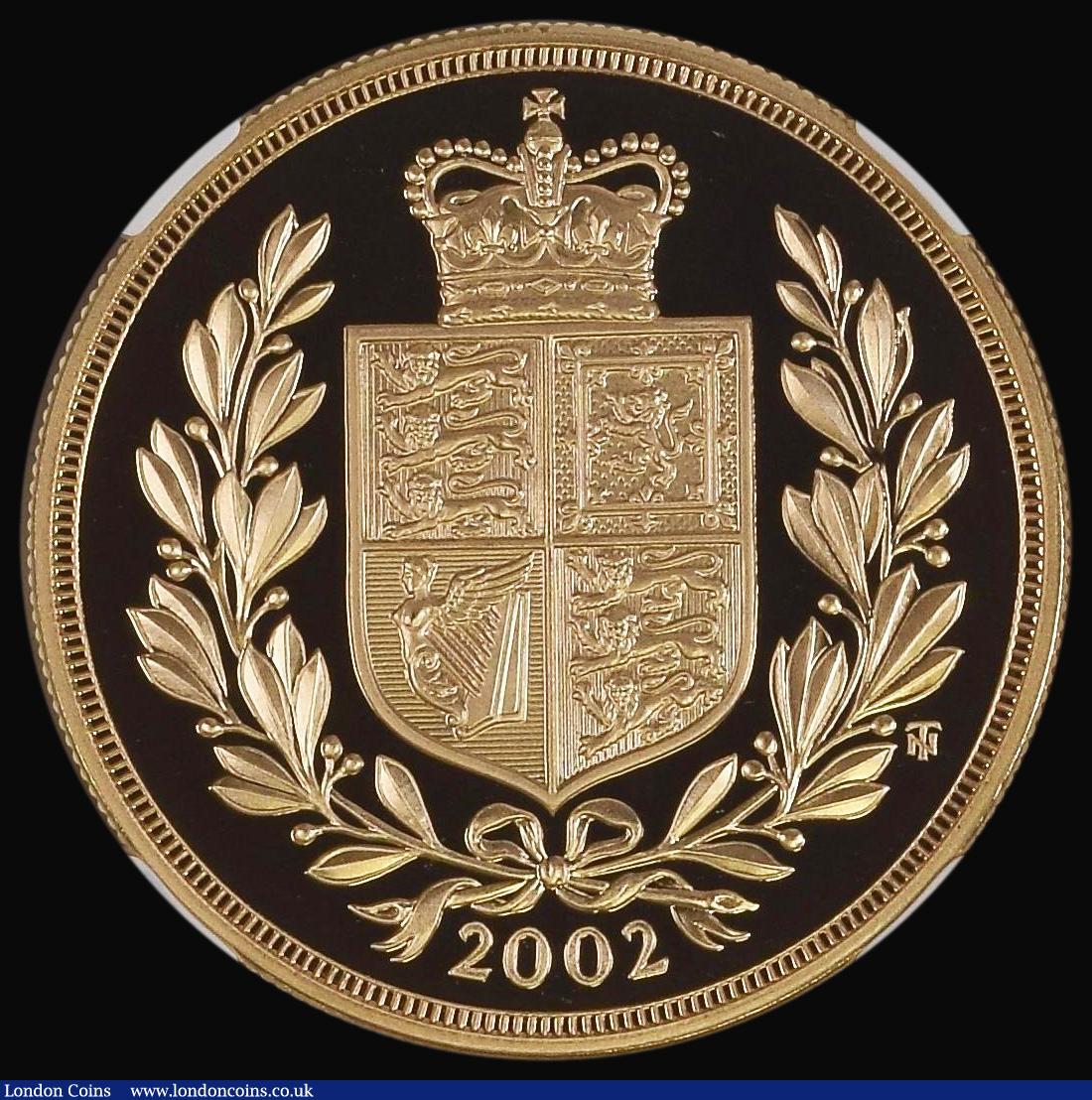 London Coins : A178 : Lot 1357 : Five Pounds Gold 2002 Shield Reverse Gold Proof S.SE9 in an NGC holder and graded PF70 Ultra Cameo 
