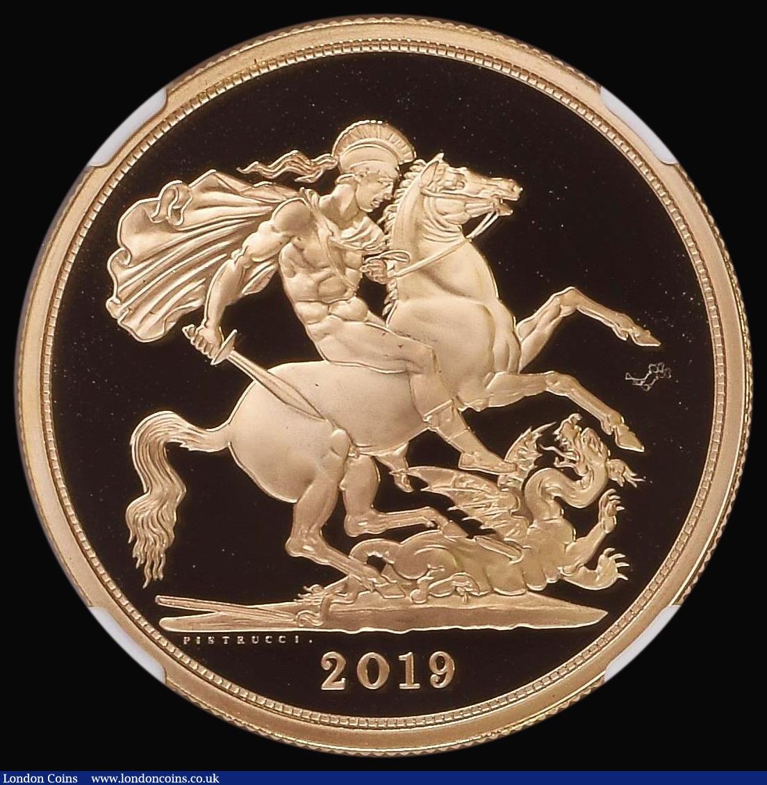 London Coins : A178 : Lot 1359 : Five Pounds Gold 2019 Proof S.SE13 in an NGC holder and graded PF69 Ultra Cameo 