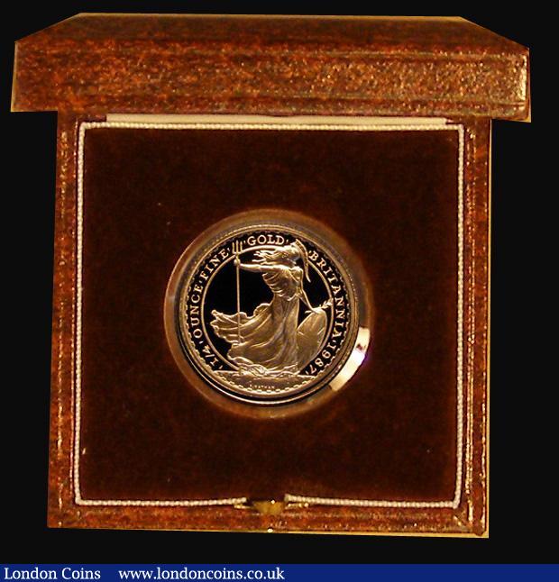 London Coins : A178 : Lot 148 : Britannia Gold £25 1987 Quarter Ounce Gold Proof S.BGD1 FDC in the Royal Mint box of issue wit...