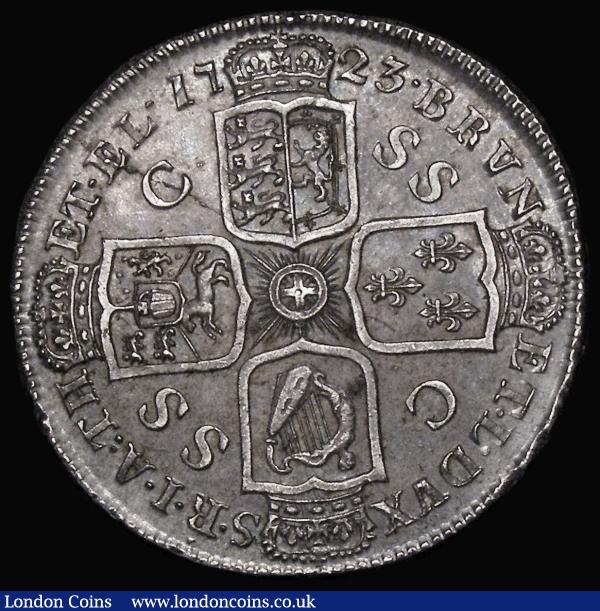 Halfcrown 1723 SSC, DECIMO edge, ESC 592, Bull 1557 EF or better with choice old grey toning, a small scratch on the bust barely detracts, a most attractive example, George I Halfcrowns extremely sought after in this high grade : English Coins : Auction 178 : Lot 1508