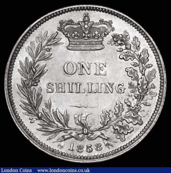 Shilling 1858 ESC 1706, Bull 3200, Davies 879 dies 4A, GEF and lustrous with some small rim nicks : English Coins : Auction 178 : Lot 1645