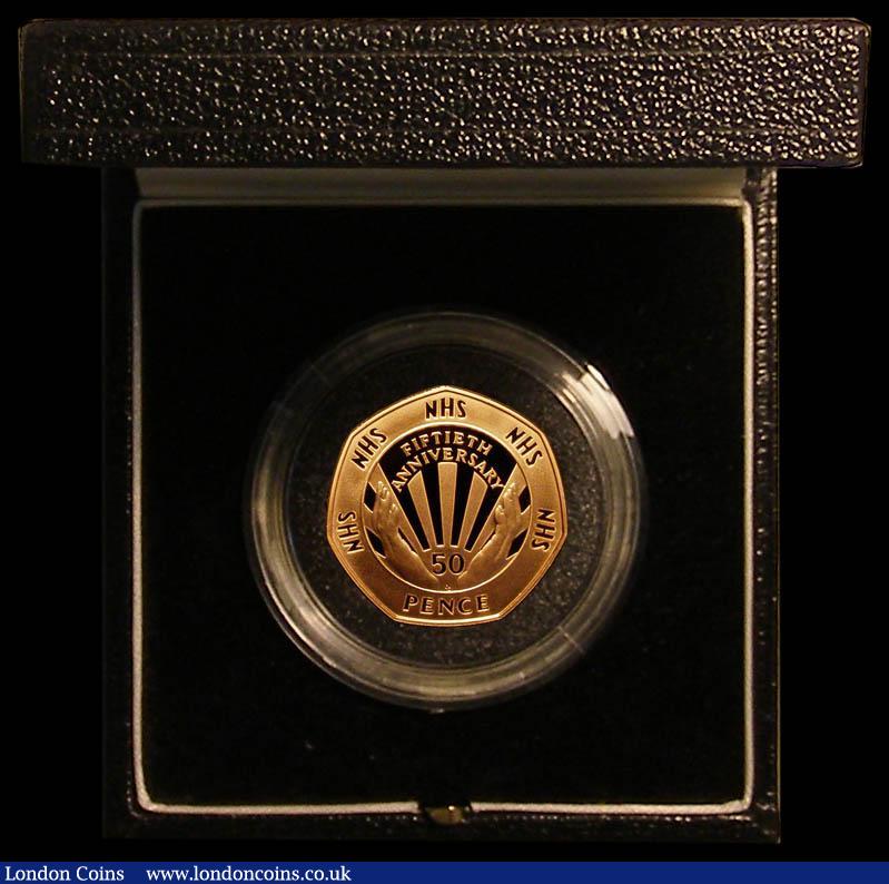 London Coins : A178 : Lot 179 : Fifty Pence 1998 NHS 50th Anniversary Gold Proof S.H10 FDC in the Royal Mint box of issue with certi...