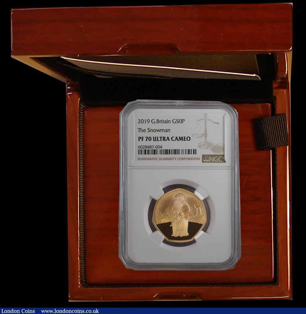 London Coins : A178 : Lot 192 : Fifty Pence 2019 The Snowman with James Gold Proof S.H79, in an NGC holder and graded PF70 Ultra Cam...