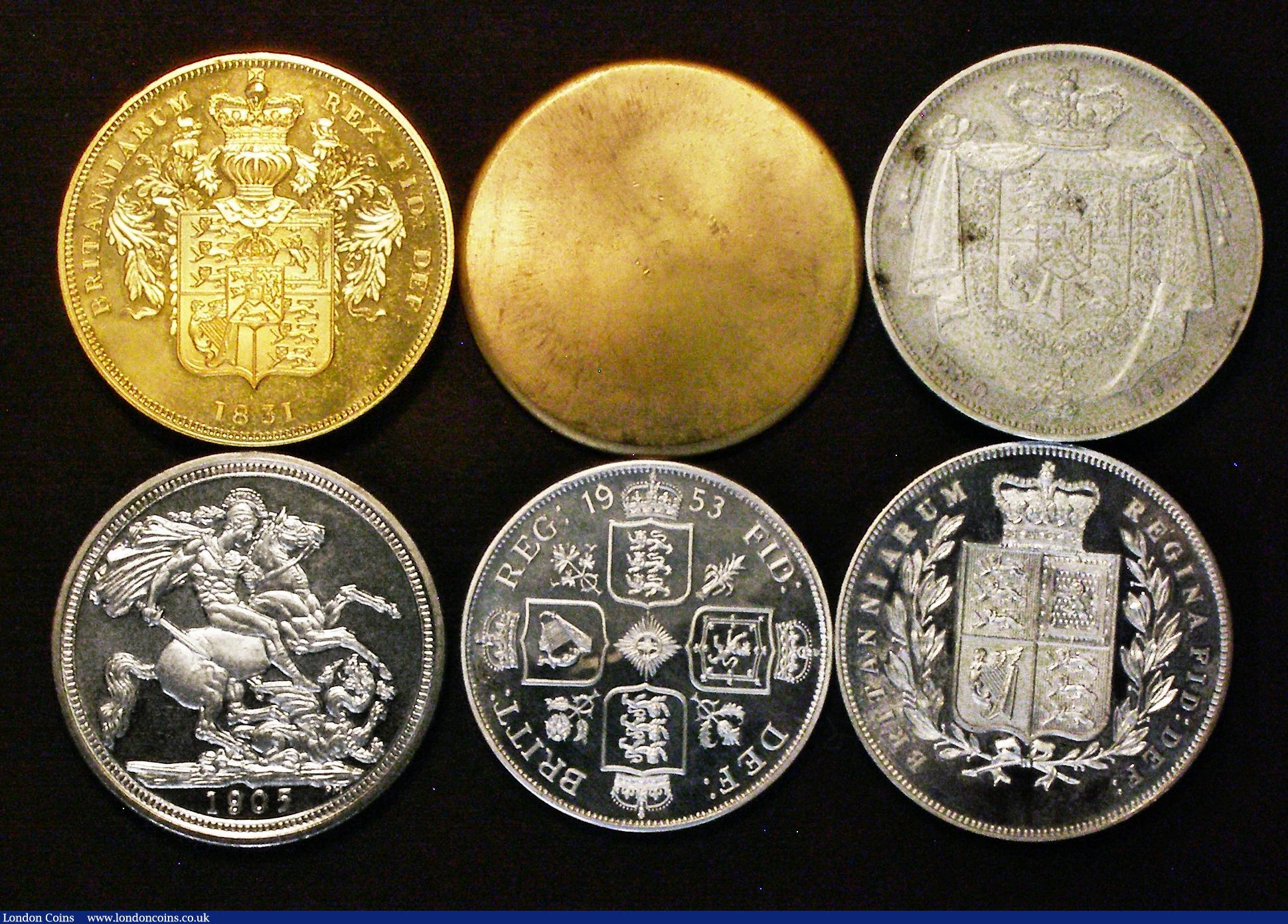 London Coins : A178 : Lot 1957 : Fantasy Crown-sized (6) 1826 Piedfort (49.93 grammes, silver coloured presumed base metal), 1831 Wil...
