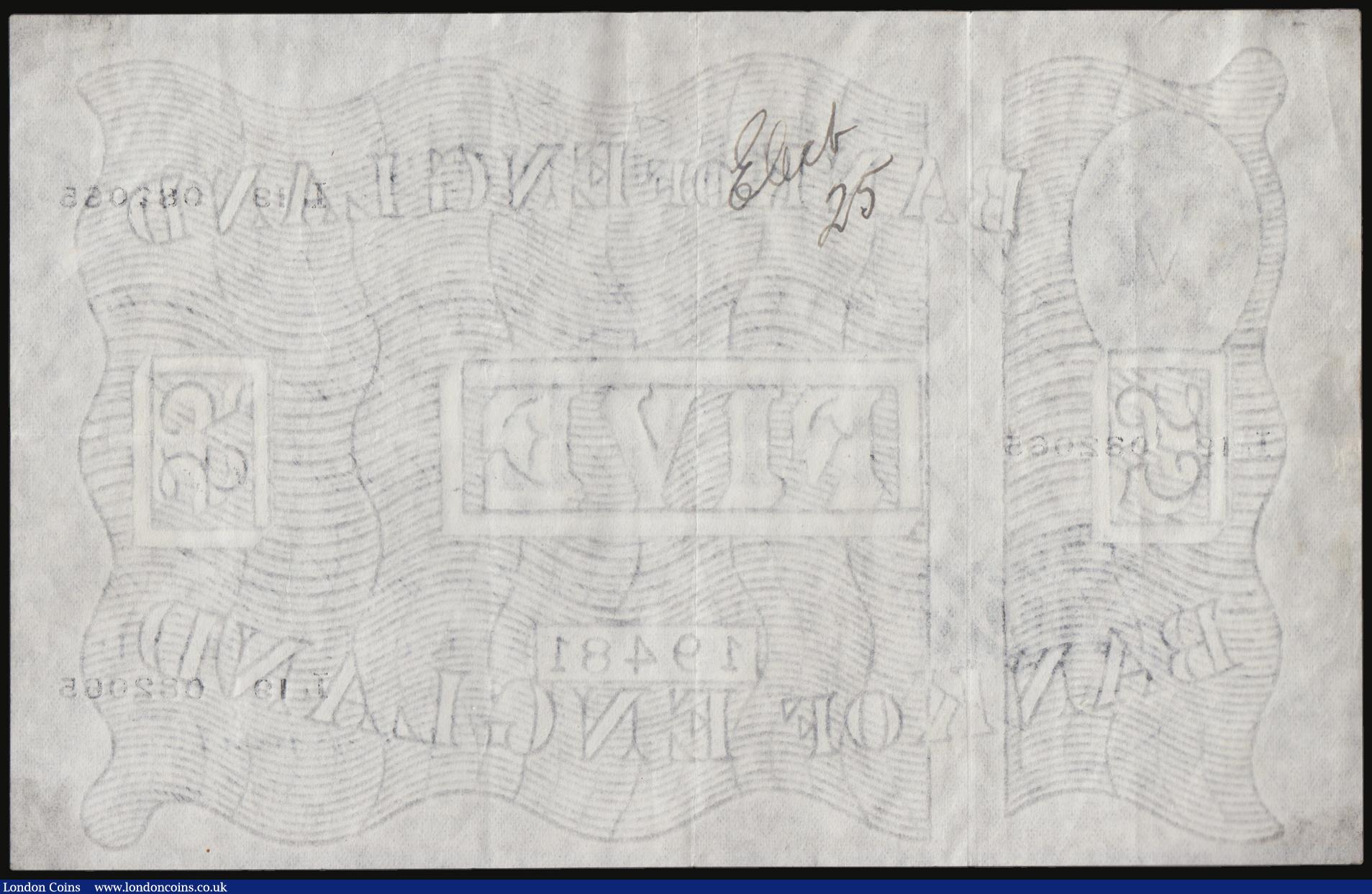 London Coins : A178 : Lot 25 : Five Pounds B264 Peppiatt London Jan 20th 1947 L19 082065 VF inked annotation reverse