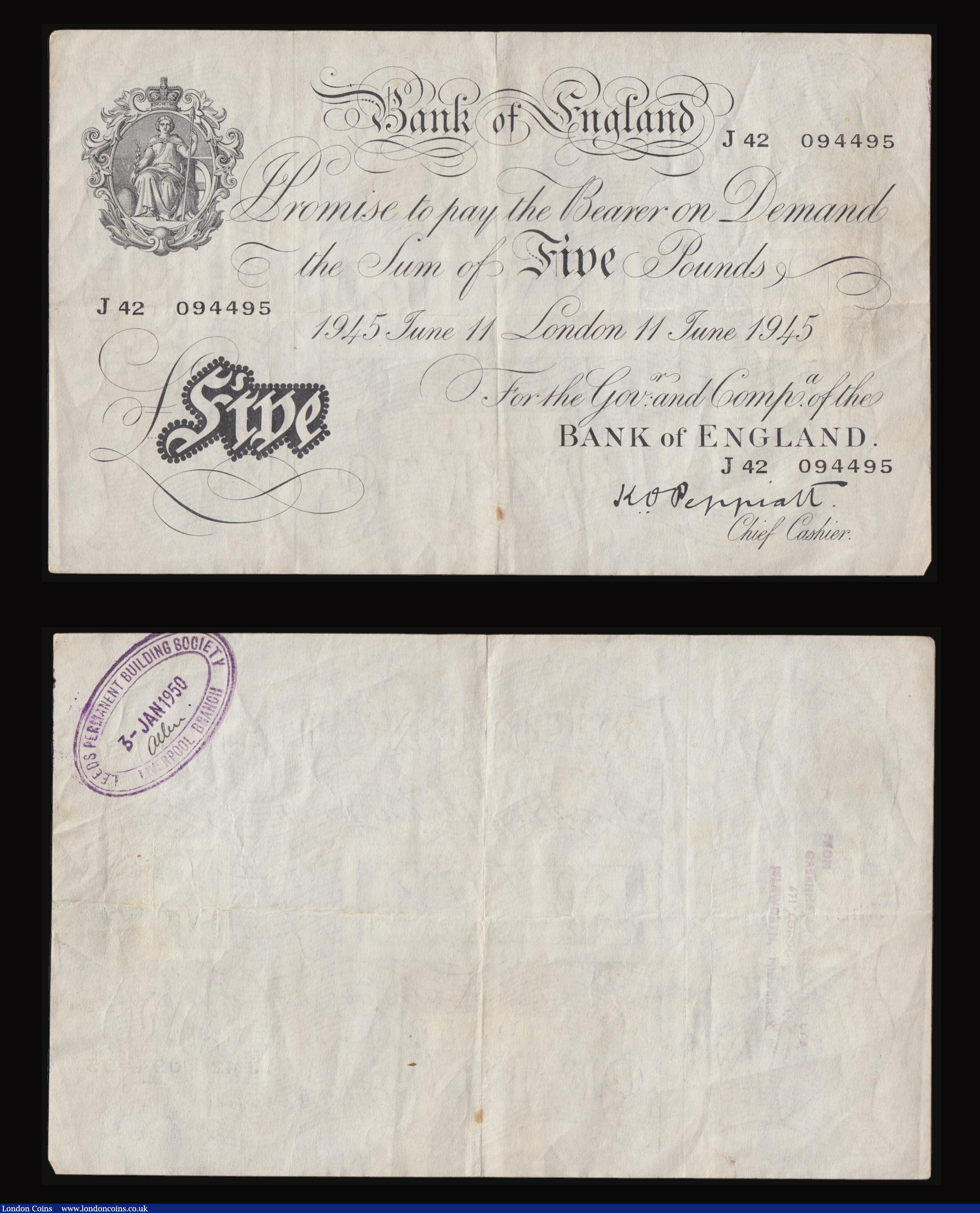 London Coins : A178 : Lot 26 : Five Pounds White (2) Pappiatt London 11 June 1945 and Beale London 13 February 1952 F-VF the Beale ...