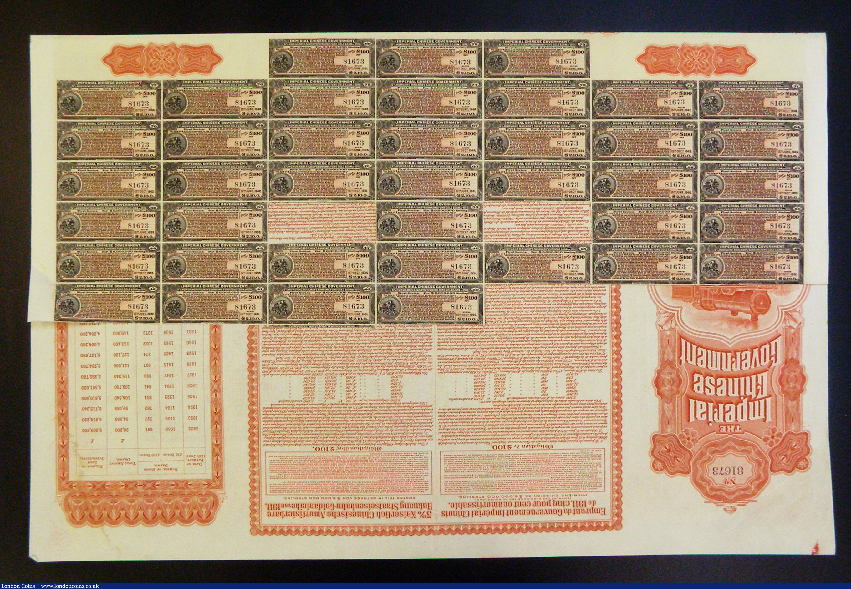London Coins : A178 : Lot 3 : China, Imperial Chinese Government Hukuang Railways 1911 Gold Loan, bond for £100, issued by t...