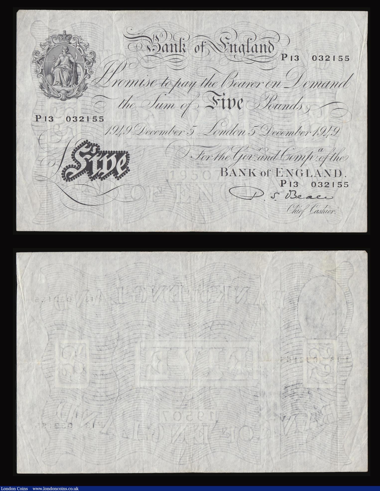London Coins : A178 : Lot 31 : Five Pounds White (3) Beale 5 December 1949 P13 032155 VF, O'Brien 26 March 1956 C46A 032725 VF...