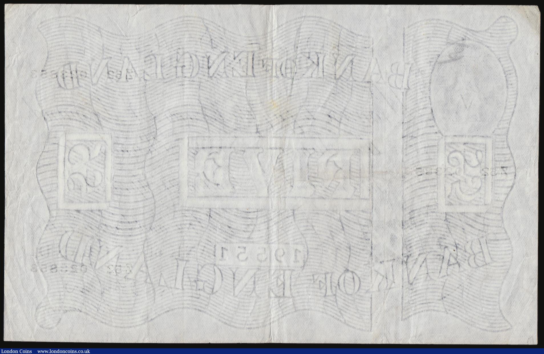 London Coins : A178 : Lot 34 : Five Pounds O'Brien white B275, issued April 21 1955, Z52 023853 GVF with a very small tear on ...