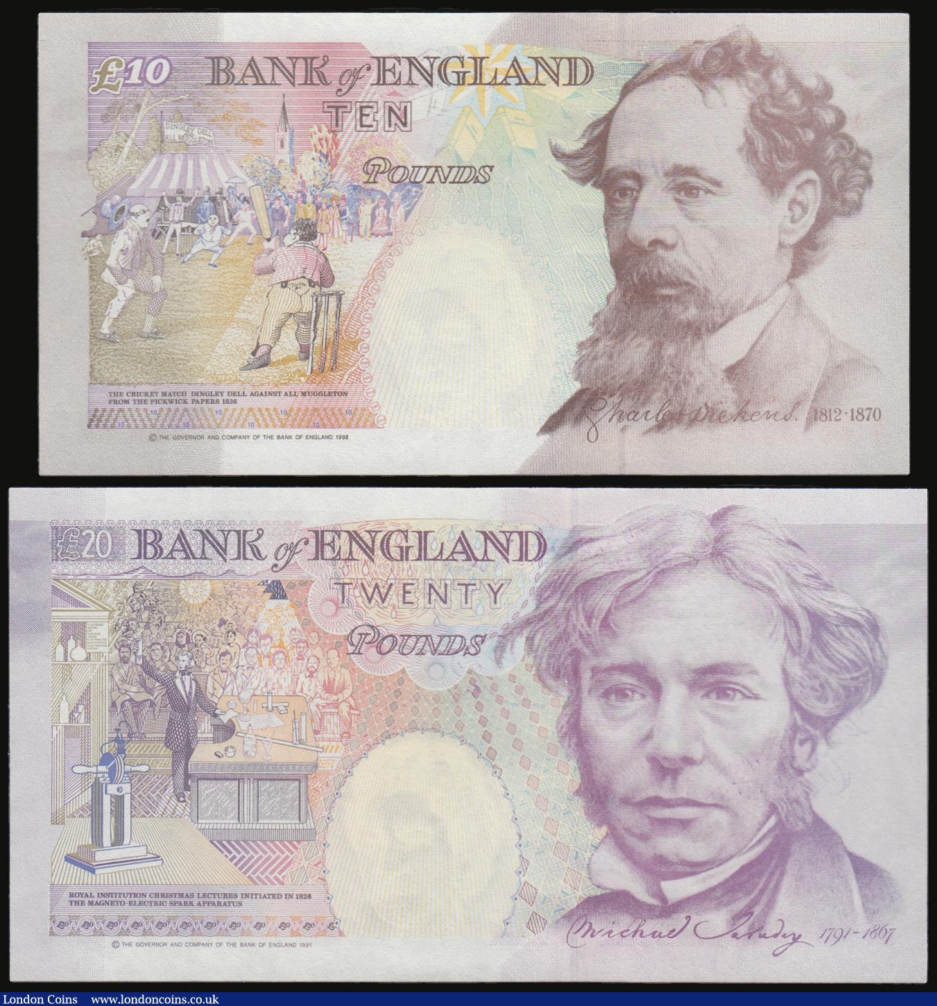 London Coins : A178 : Lot 49 : Twenty Pounds Gill with Faraday reverse B358 prefix B15 AU, Ten Pounds Kentfield Charles Dickens rev...