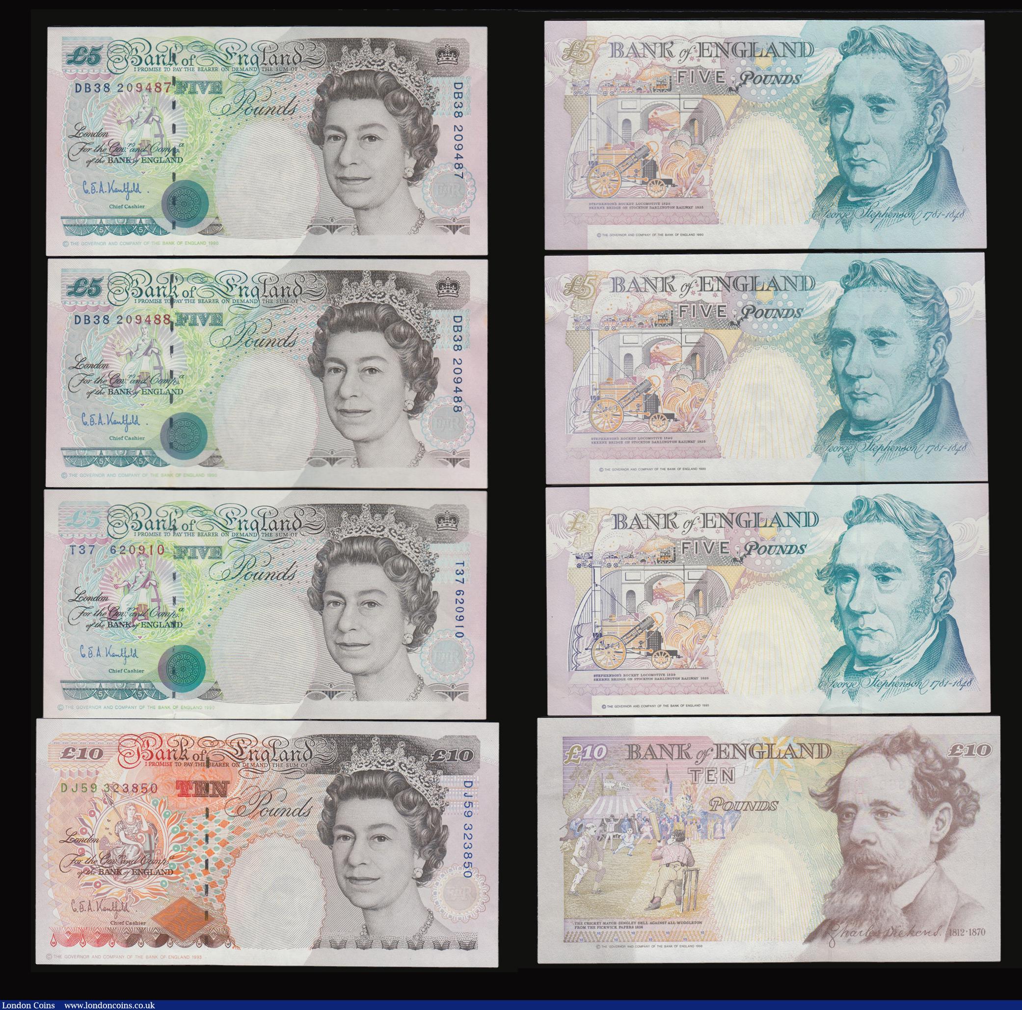London Coins : A178 : Lot 50 : Kentfield (7) Ten Pounds 1991 L reverse B360 KN2 631969 Unc, Five Pounds Stephenson 1991 B362 prefix...