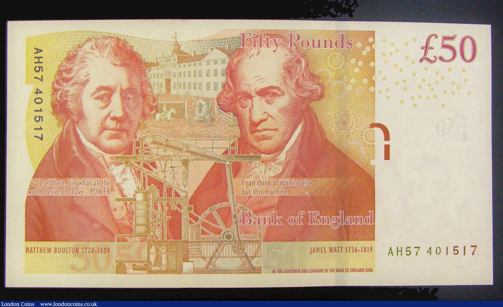 London Coins : A178 : Lot 54 : Fifty Pounds Salmon 2011 Boulton and Watt B410 Prefix AH57 Unc, Pick 393b