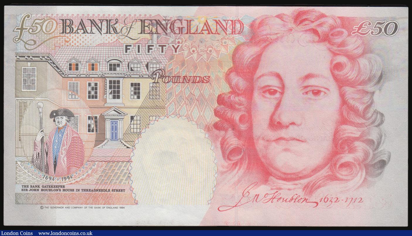 London Coins : A178 : Lot 55 : Error, Fifty Pounds Lowther 1999 Houblon B385 K10 177229 off centre with little or no border at the ...