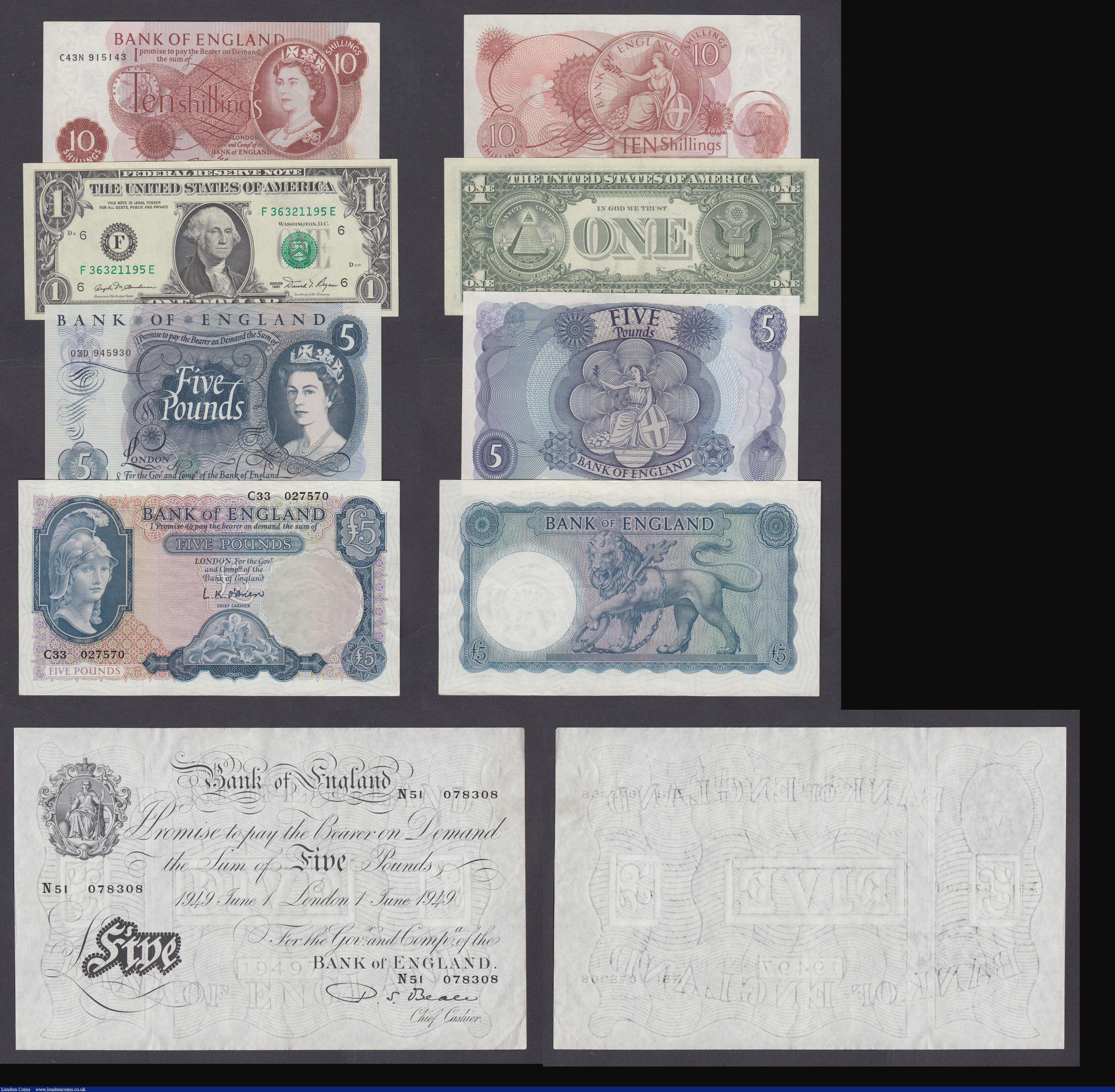 London Coins : A178 : Lot 6 : A collection in an album Five Pounds White Beale London 1 June 1949 N51 078308 EF, Five Pounds O...