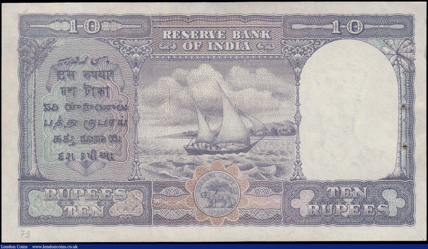 London Coins : A178 : Lot 63 : Burma 10 Rupees Burma Currency Board Pick 32 ND (1947) Red overprint on Reserve Bank of India 10 Rup...