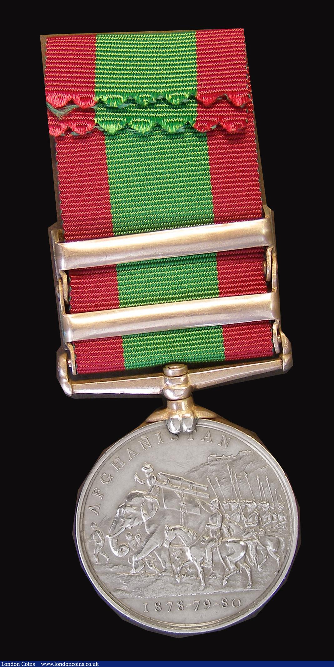 London Coins : A178 : Lot 725 : Afghanistan Medal, Second Afghan War, in  silver, with 2 clasps, Kandahar and Ahmed Khel, awarded to...