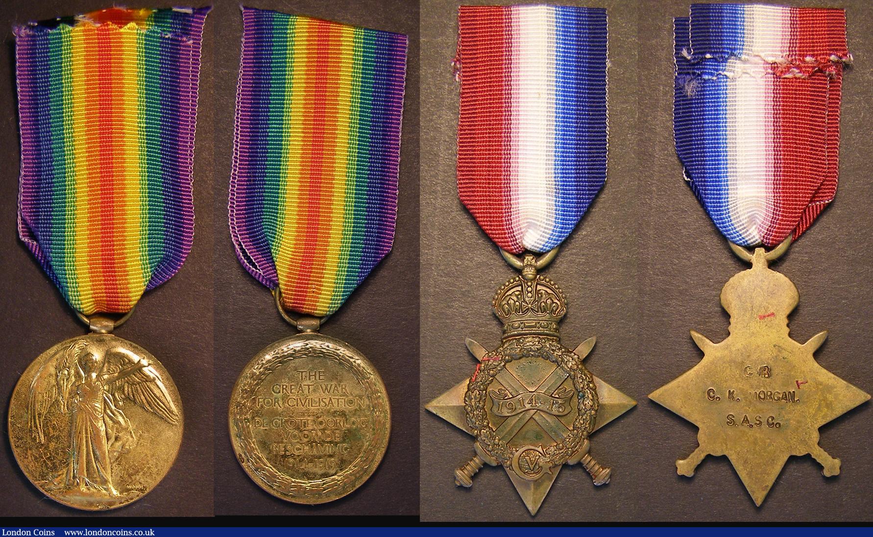 London Coins : A178 : Lot 847 : World War I Trio awarded to Dvr. C.K. Morgan S.A.S.C. 1914-15 Star, 1914-1918 British War Medal and ...