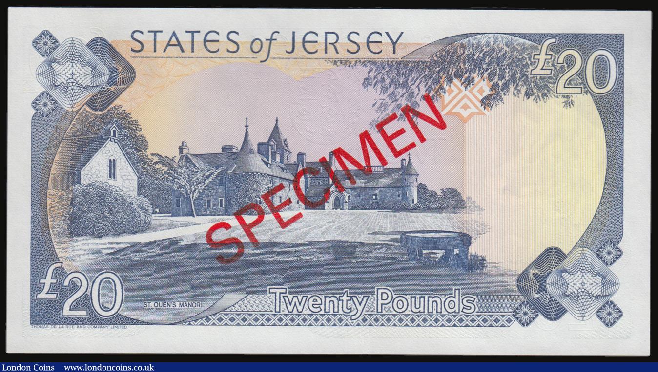 London Coins : A178 : Lot 96 : Jersey £20 Specimen 1993 issue, with red SPECIMEN on both sides, signature Baird, Pick 23as, s...