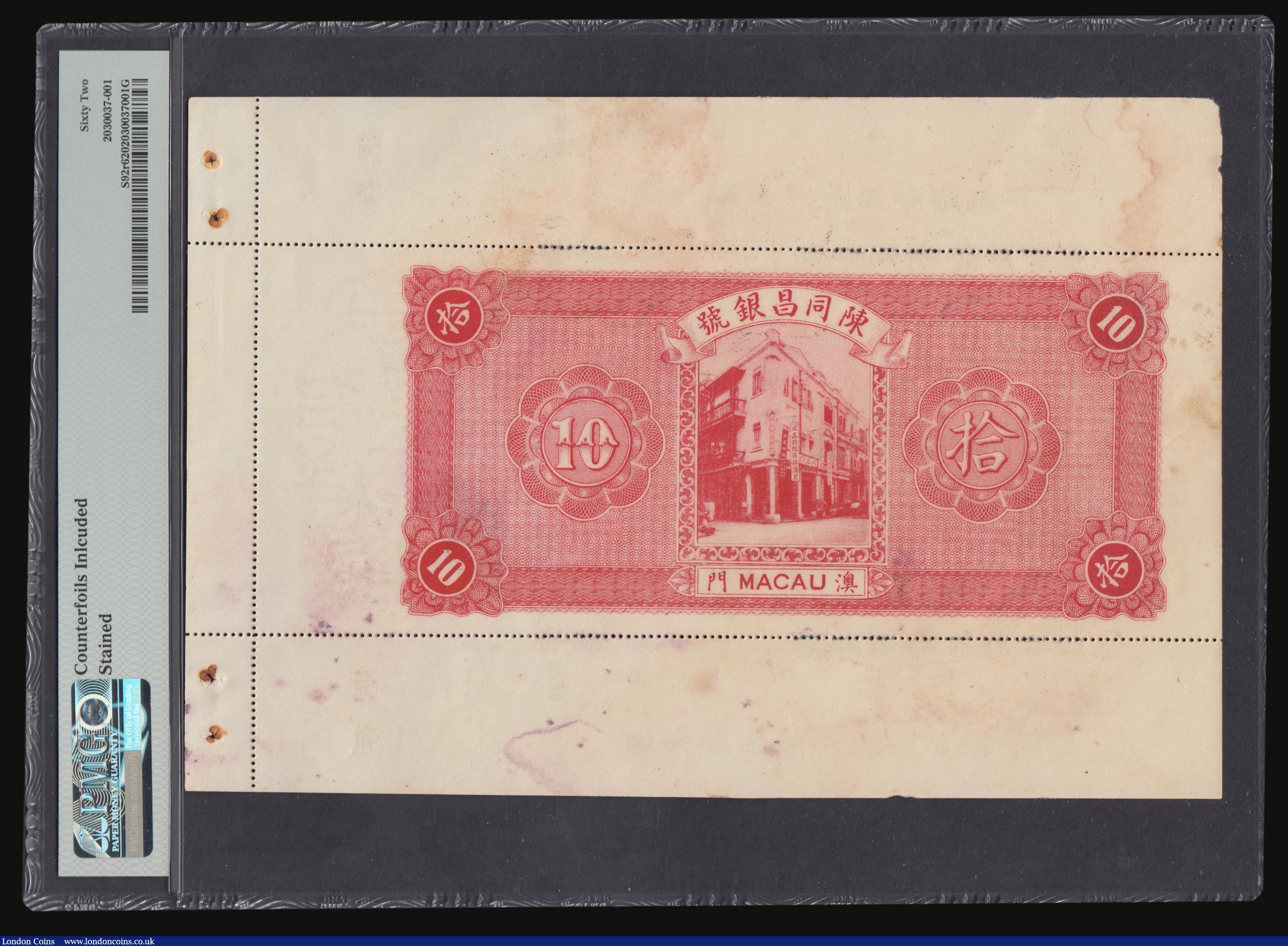 London Coins : A178 : Lot 98 : Macau - Portuguese Administration - Chan Tung Cheng Bank Ten Dollars 1934 issue, Obverse: Black on p...