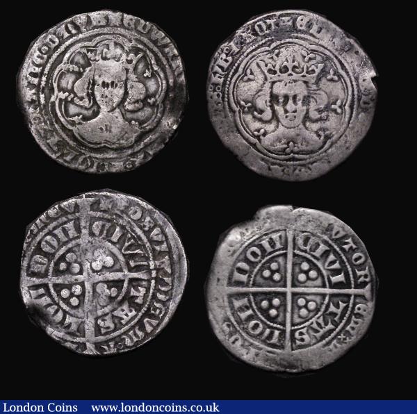 Groats Edward III (3) Treaty Period, London Mint S.1616, 3.94 grammes, NVG, Pre-Treaty Period, London Mint, type G, Reverse with annulet in one quarter S.1570, 4.23 grammes, VG, Pre-Treaty, London Mint, type D, R with wedge-shaped tail S.1566, 4.37 grammes NVG  : Hammered Coins : Auction 179 : Lot 1341