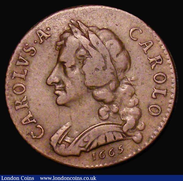 Farthing 1665 Pattern in copper, Portrait with long hair, date below bust, edge straight grained, struck on a 23mm diameter flan, Obverse 2, Reverse A, Peck 424, Good Fine, rare : English Coins : Auction 179 : Lot 1517