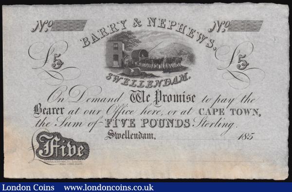 South Africa Barry & Nephews £5 unissued remainder, Swellendam branch dated 185x, vignette of cattle wagon at centre, Pick not listed, toned top left corner, about UNC to UNC light staining at the bottom : World Banknotes : Auction 179 : Lot 198