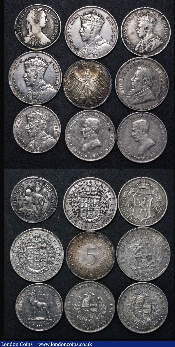 World (21) mostly British Commonwealth issues, comprising Australia (2) Shilling 1915 KM#26 Near Fine, Rare, Threepence 1912VF/GVF nicely toned, South Africa (3) Halfcrown 1896 KM#7 Good Fine, Shillings (2) 1896 KM#5 Good Fine/Fine with grey tone, 1960 KM#49 UNC, Southern Rhodesia Two Shillings 1935 KM#4 VF, Straits Settlements (3) 20 Cents 1919B VF, Ten Cents 1909 KM#21a VG, Five Cents 1902 KM#20 Good Fine/NVF with some darker toning on the reverse, India (4) Quarter Rupee (2) 1840 Bombay, Legend continuous over bust, 20 berries, KM#453.1 Fine, 1934 KM#518 A/UNC with a beautiful blue and gold tone, Two Annas (2) 1841 Madras, Incuse S on truncation, small v on right ribbon (2) KM#459.3 Fine and VF toned, Cyprus 18 Piastres 1921 KM#14 Near Fine/Fine the obverse with some surface marks, New Zealand (2) Halfcrowns (2) 1933 KM#5 Good Fine/NVF, 1934 KM#5 Fine/Good Fine, Germany - Federal Republic Five Marks 1965D KM#112.1 NEF toned, Hungary 15 Krajczar 1744 KM#330.2 VG/Near Fine, Portugal Five Escudos 1947 KM#581 A/UNC and lustrous, Uruguay (2) 50 Centesimos 1917 KM#22 (2) Fine and NVF : World Bulk Lots : Auction 179 : Lot 2662