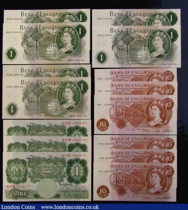 One Pound O'Brien 1955 B273 (3) consecutive numbers D07K 0000169, 170 and 171 Unc or near so along with B284 (2) consecutives B55N 308195 and 196 AU-Unc, One Pounds Hollom B290 replacement (2) consecutives 62M 318329 and 330 AU-Unc, Fforde B303 (2) consecutives K85Z 953123 and 124 AU. Ten Shillings Hollom B293 (3) consecutives Z91 147853 - 855 Unc, Hollom B295 (3) consecutives 90A 293955 - 957 AU : English Banknotes : Auction 179 : Lot 36