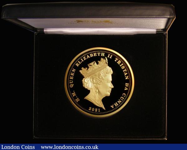 Tristan da Cunha Five Pounds 2021 85th Anniversary of the Year of the Three Kings 5oz. Gold Proof Reverse: portraits of George V, Edward VIII and George VI each within a wreath, with crown above. FDC in a Harrington & Byrne box with certificate stating a tiny mintage of just 10 pieces : World Cased : Auction 179 : Lot 753