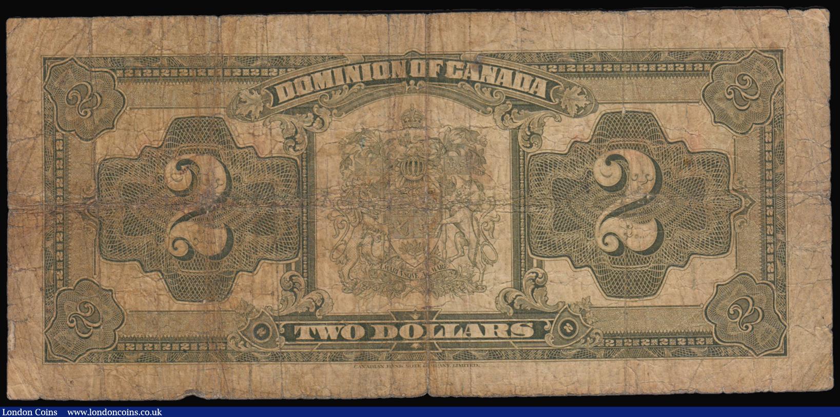 London Coins : A179 : Lot 104 : Canada 2 Dollars June 23rd 1923, Pick 34 black seal signed Campbell and Sellar VG-Fine (nearer to Fi...