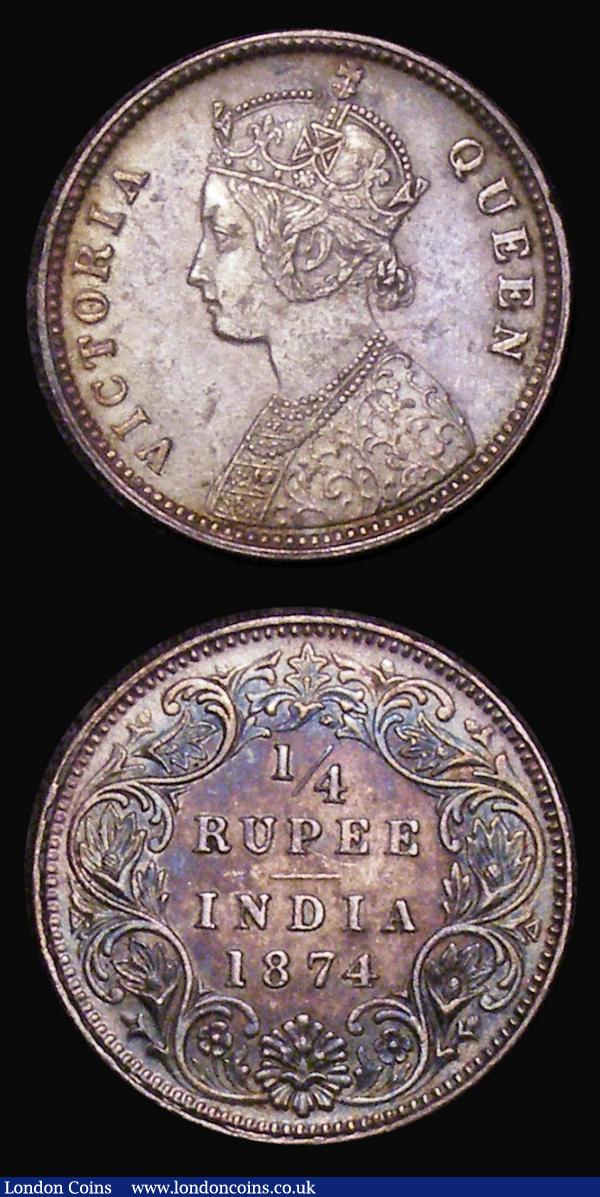 India (2) One Rupee 1862 Bust C Reverse II 3 dots below date KM#473.1 NEF/EF, Quarter Rupee 1874 Calcutta Mint, KM#470 EF both with a matching colourful tone : World Coins : Auction 179 : Lot 1121