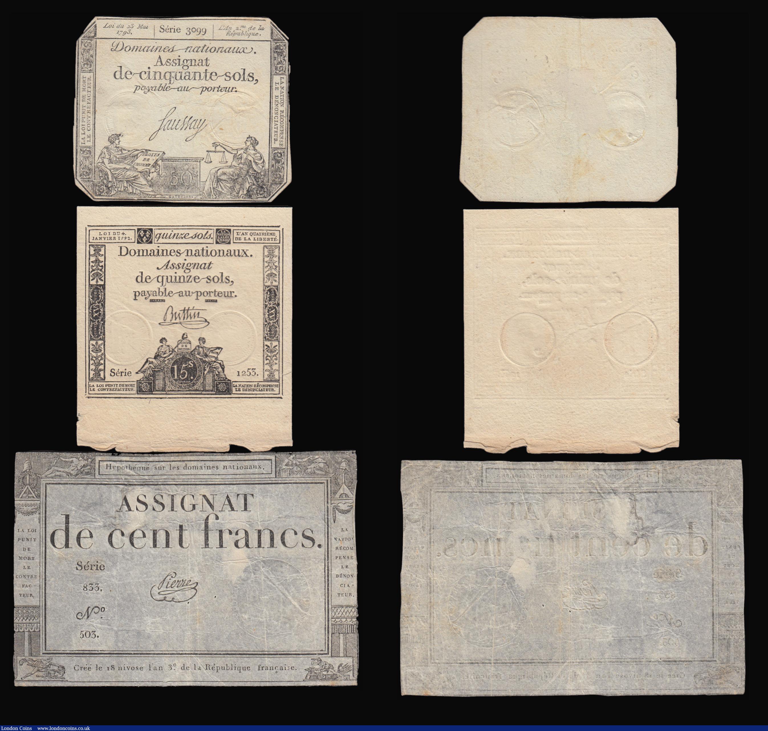 London Coins : A179 : Lot 114 : France Assignats 10 Livres 24.10.1792 A66 (2) one EF the other GVF, 15 Sols 23.5.1793 A69 Unc though...