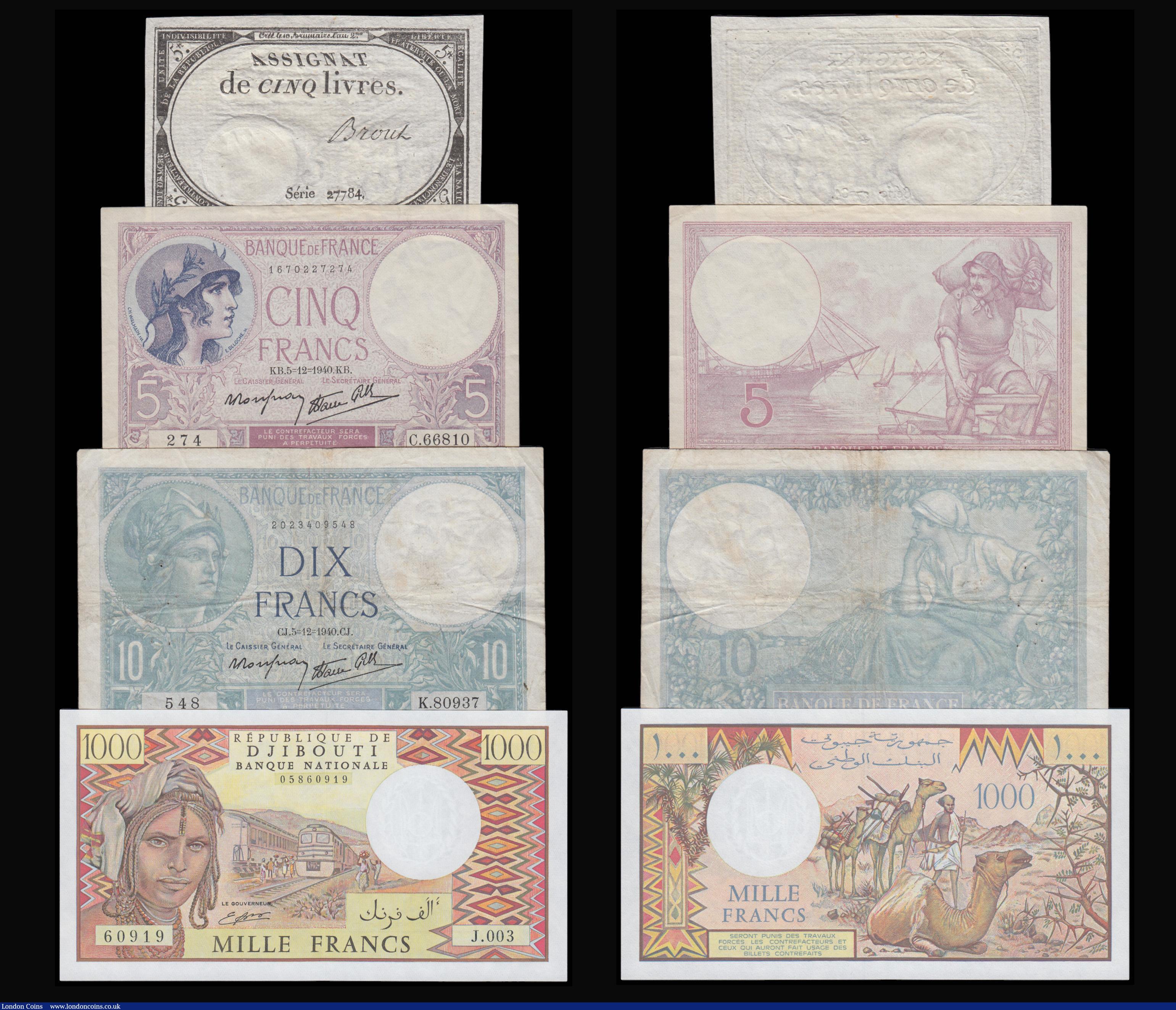London Coins : A179 : Lot 116 : France Cinq Livres Assignat Series 27784, 5 Francs 5.12.1940 VF (small tears at bottom), 10 Francs (...