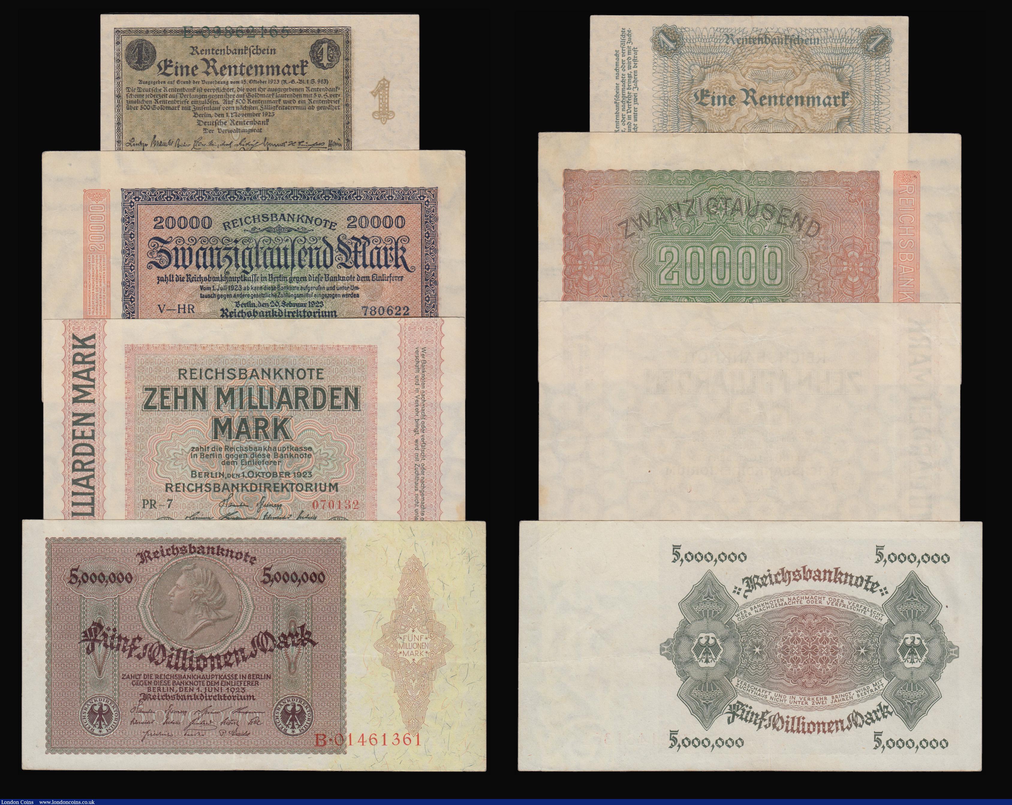 London Coins : A179 : Lot 118 : Germany - Weimar Republic (6) One Rentenmark 1923, 1.11/1923 issue, Pick 161, EF pressed, 10 Milliar...