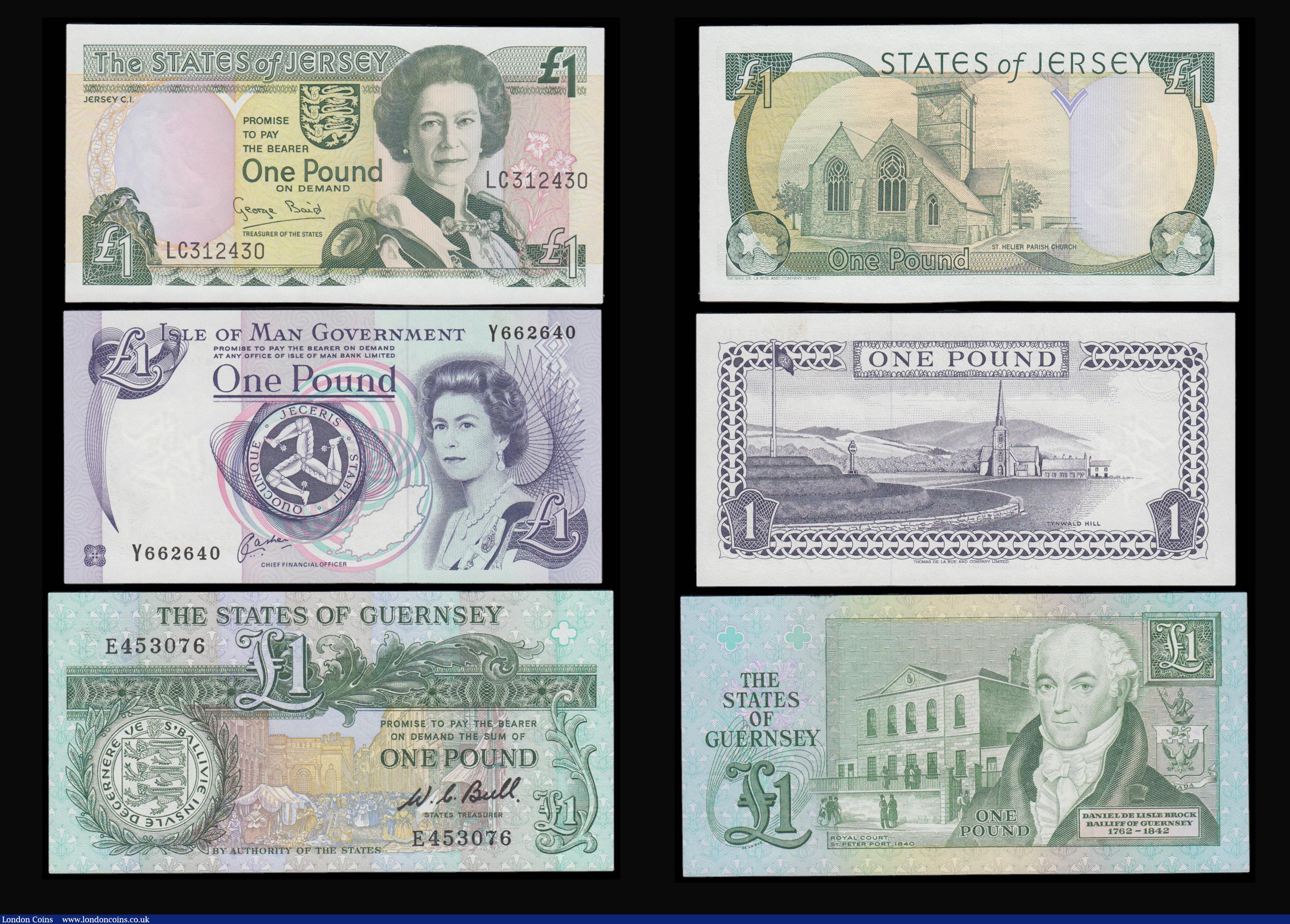 London Coins : A179 : Lot 121 : Guernsey One Pounds (2) Hodder Pick 45b AU-Unc and Bull Pick 48a Unc. Isle of Man Pound Cashen Pick ...