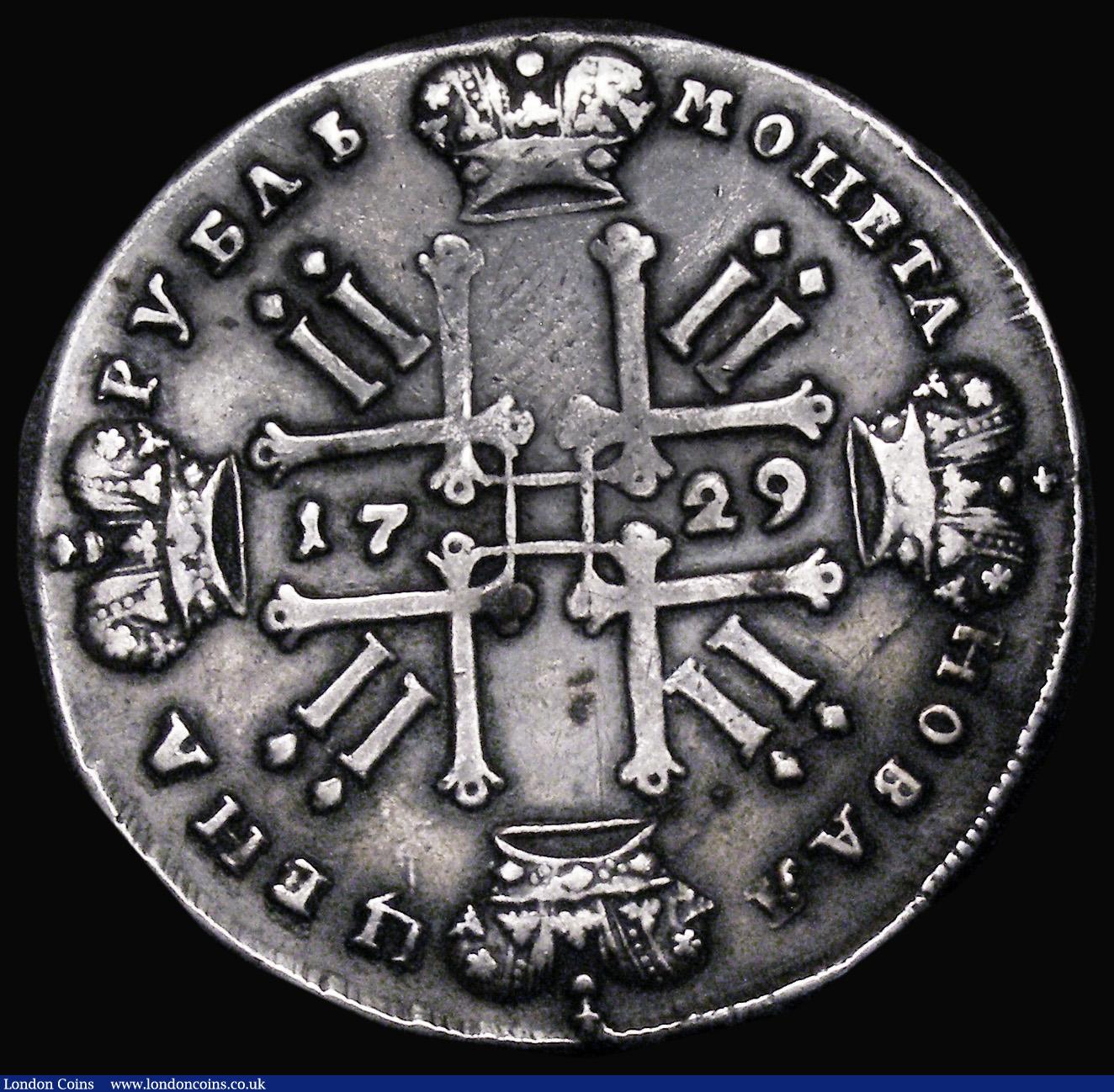 London Coins : A179 : Lot 1211 : Russia One Rouble 1729 Peter II KM#182.3, 28.15 grammes,  Fine and bold, the reverse with some spots...