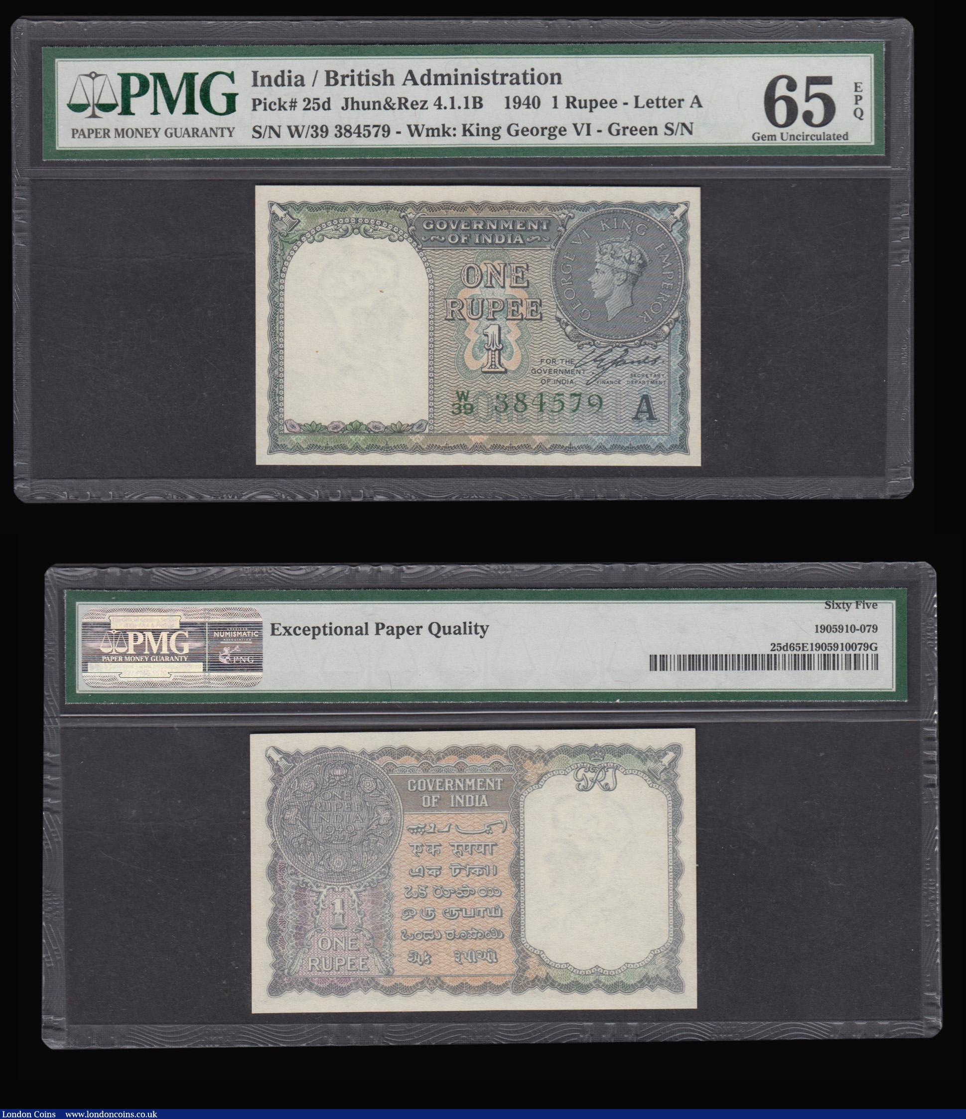London Coins : A179 : Lot 124 : India British Administration One Rupee 1940 Pick 25d (3) consecutive numbers W/39 384577 - 79 each w...