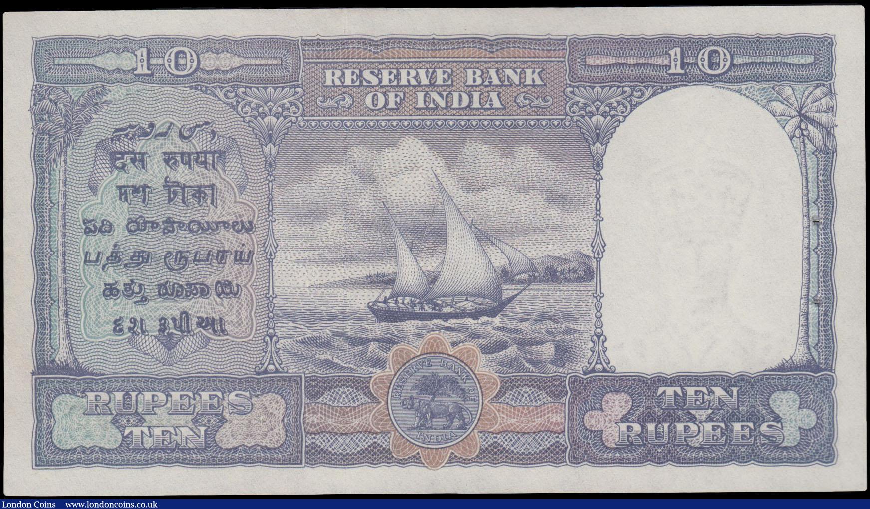London Coins : A179 : Lot 128 : India Reserve Bank 10 Rupees issued 1943 series G/95 153272, portrait King George VI at right, signe...